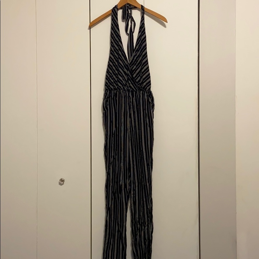 Black and white stripe halter pants romper